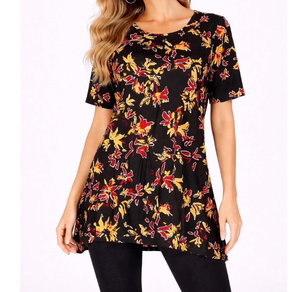 Chaus New York dress black & red floral 1/2 blouse SZ M shift above knee length
